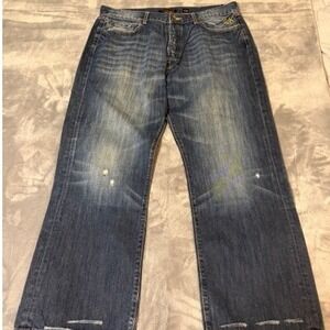 Ed Hardy Mens Relaxed Fit Wide Leg Embroidered Tattoo Jeans Blue Size 40x32